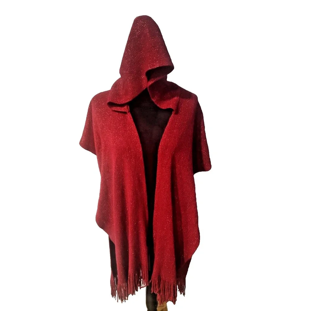 Women's Red Poncho Hooded‎ Knit Shawl whit Ruffle.